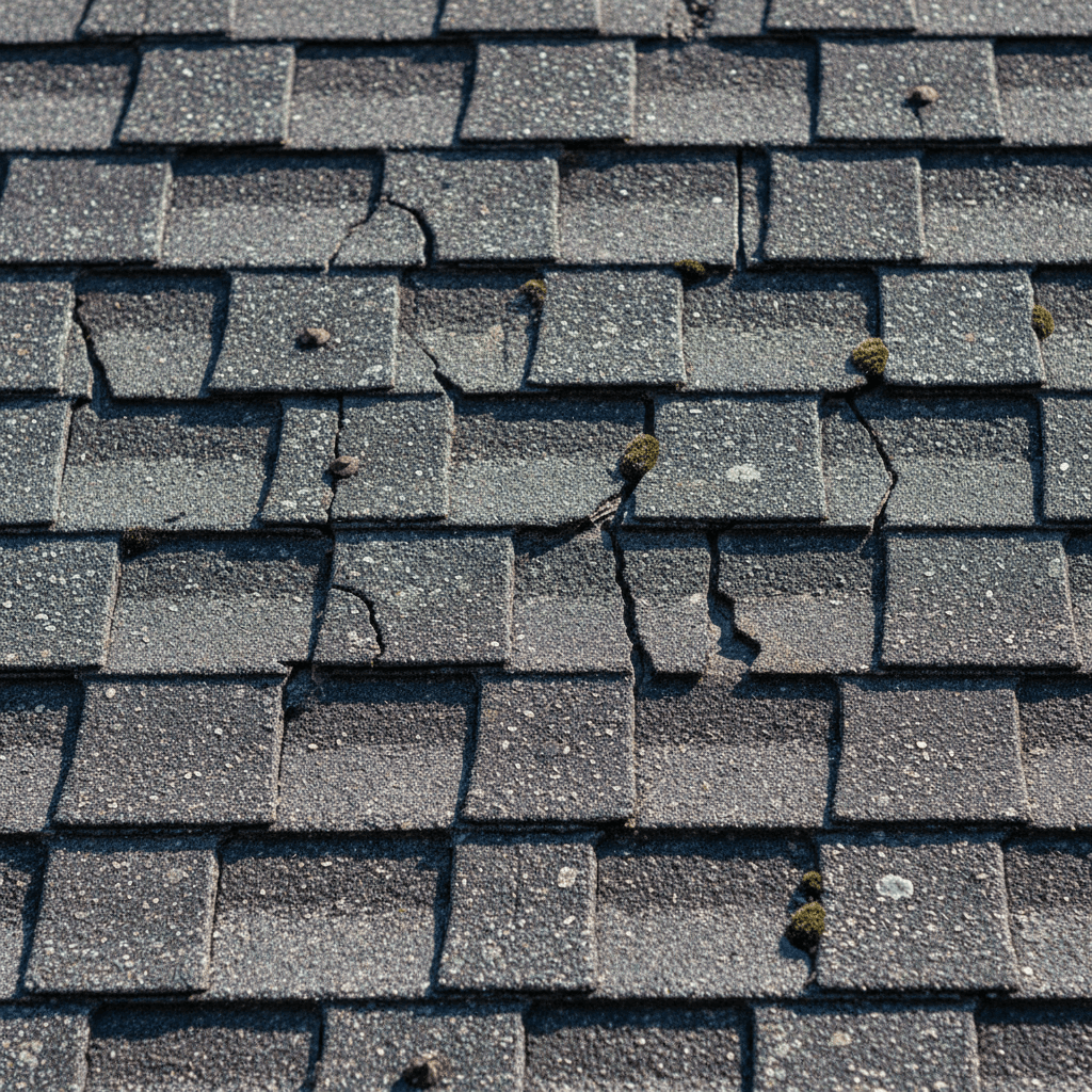 Aged and brittle roof shingles showing curling and cracking