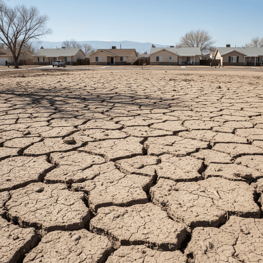 Dry, expansive clay soil with deep wide cracks in a Utah yard