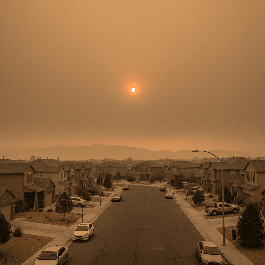 Utah neighborhood with smoky orange sky from distant wildfire