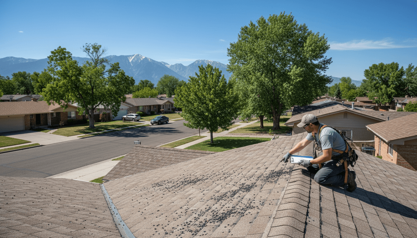 Damage on a rooftop against a backdrop of Salt Lake City and mountains
