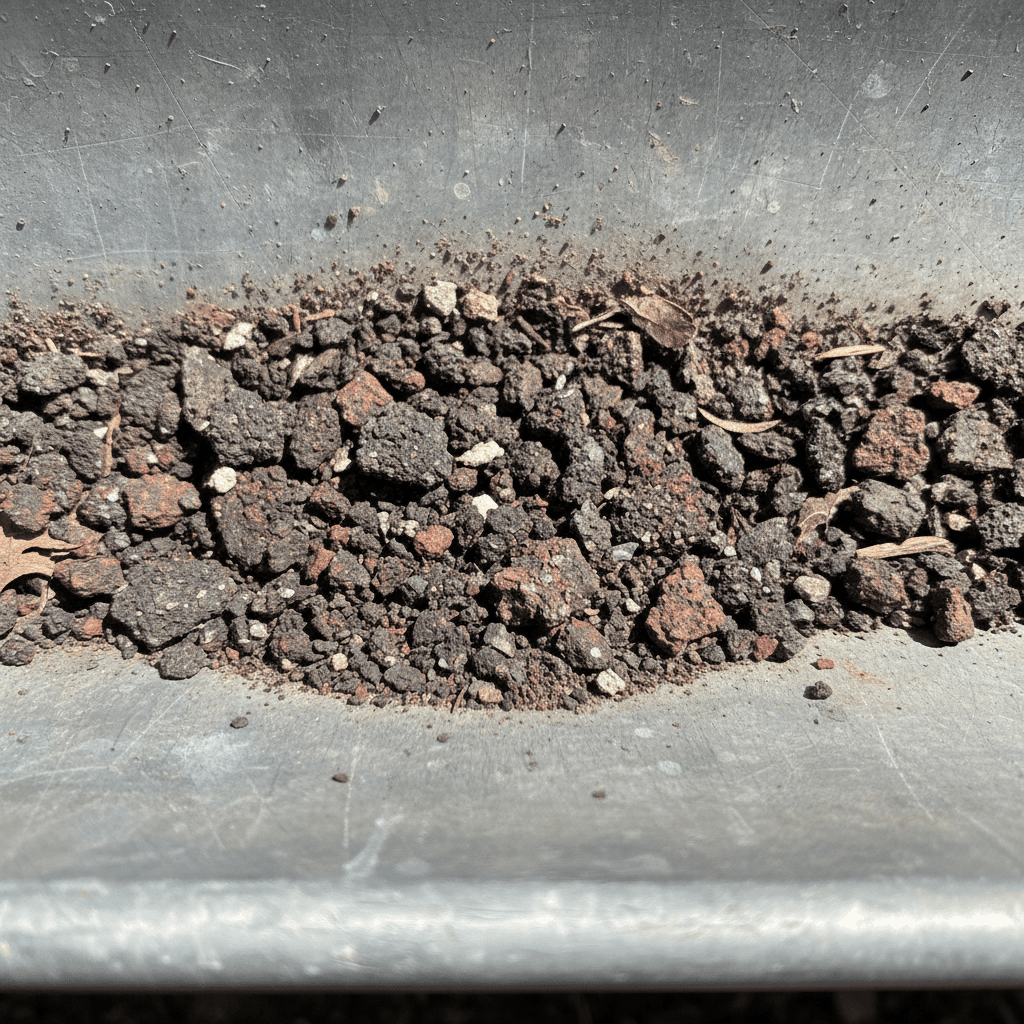 Granules from roof shingles collected in a gutter