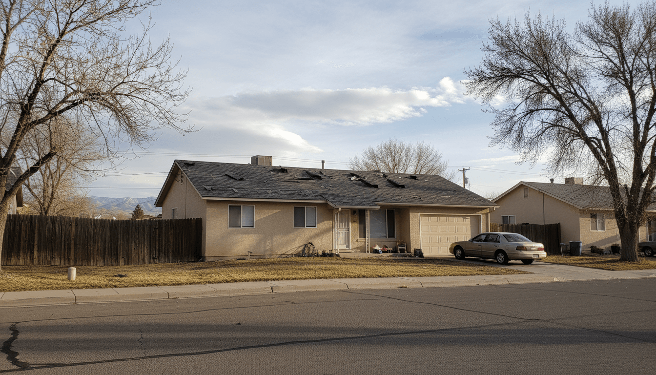 Two-story house with hail-damaged roof shingles in a West Valley City neighborhood