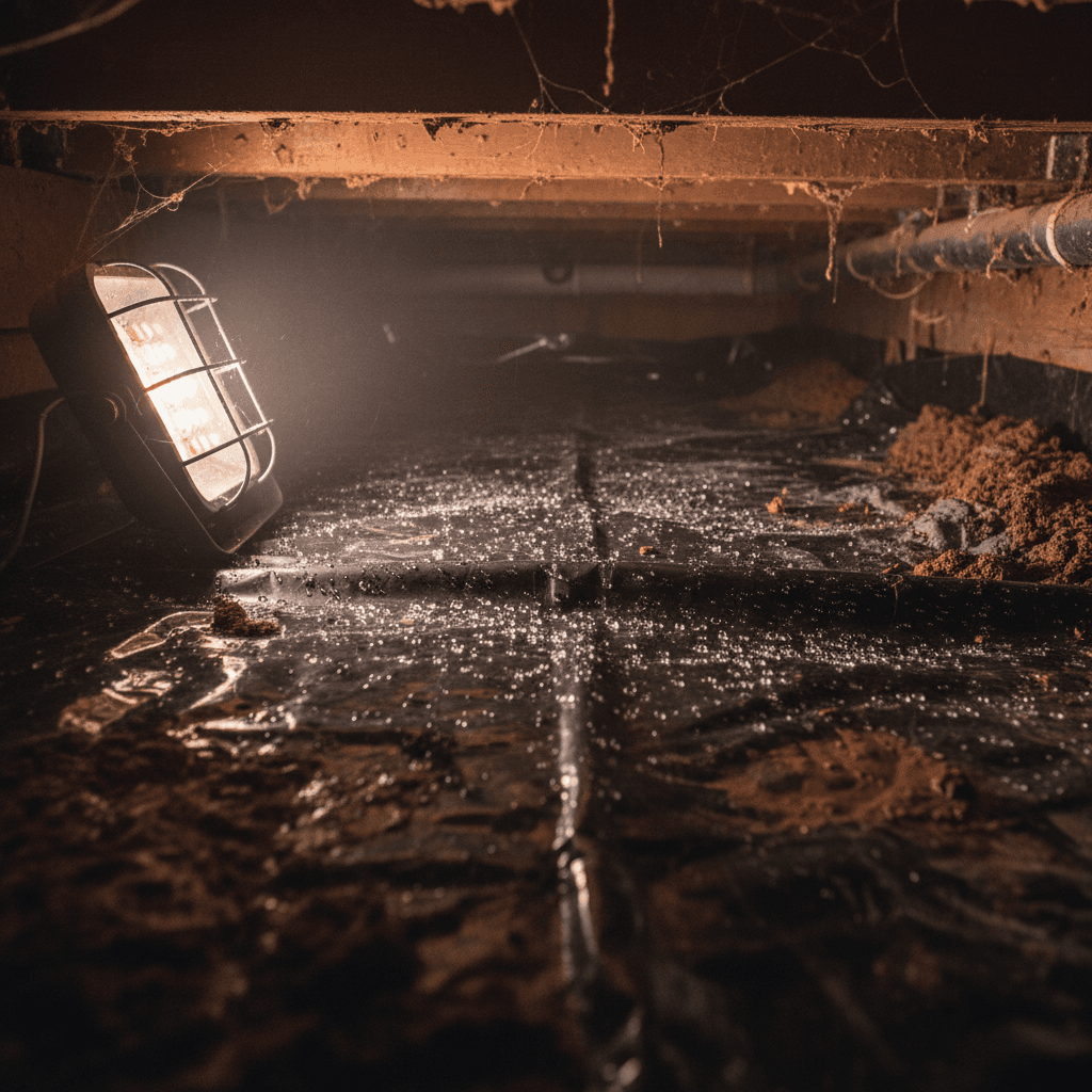 View inside a crawl space with a damp vapor barrier and moisture beading on the surface