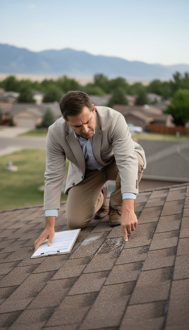 Public adjuster examining roof shingles for hail damage