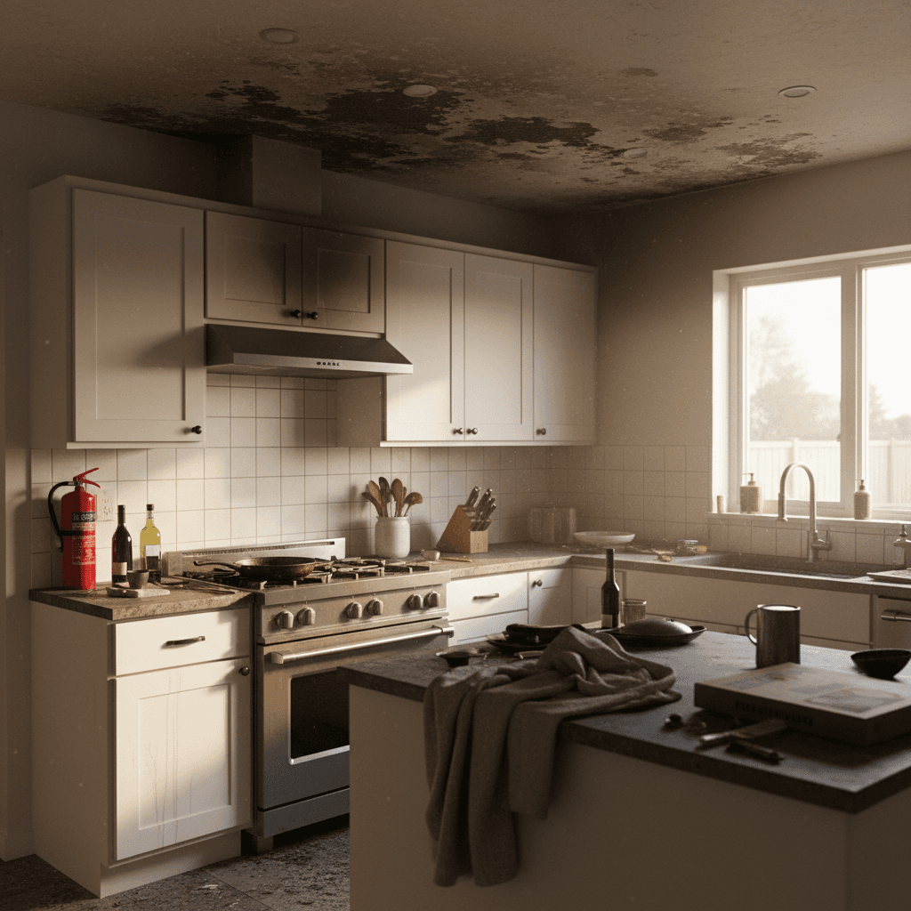 Kitchen with light smoke damage and a fire extinguisher by the stove