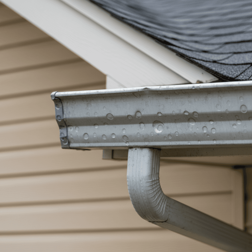 Dimpled and dented aluminum gutters along a home's roofline