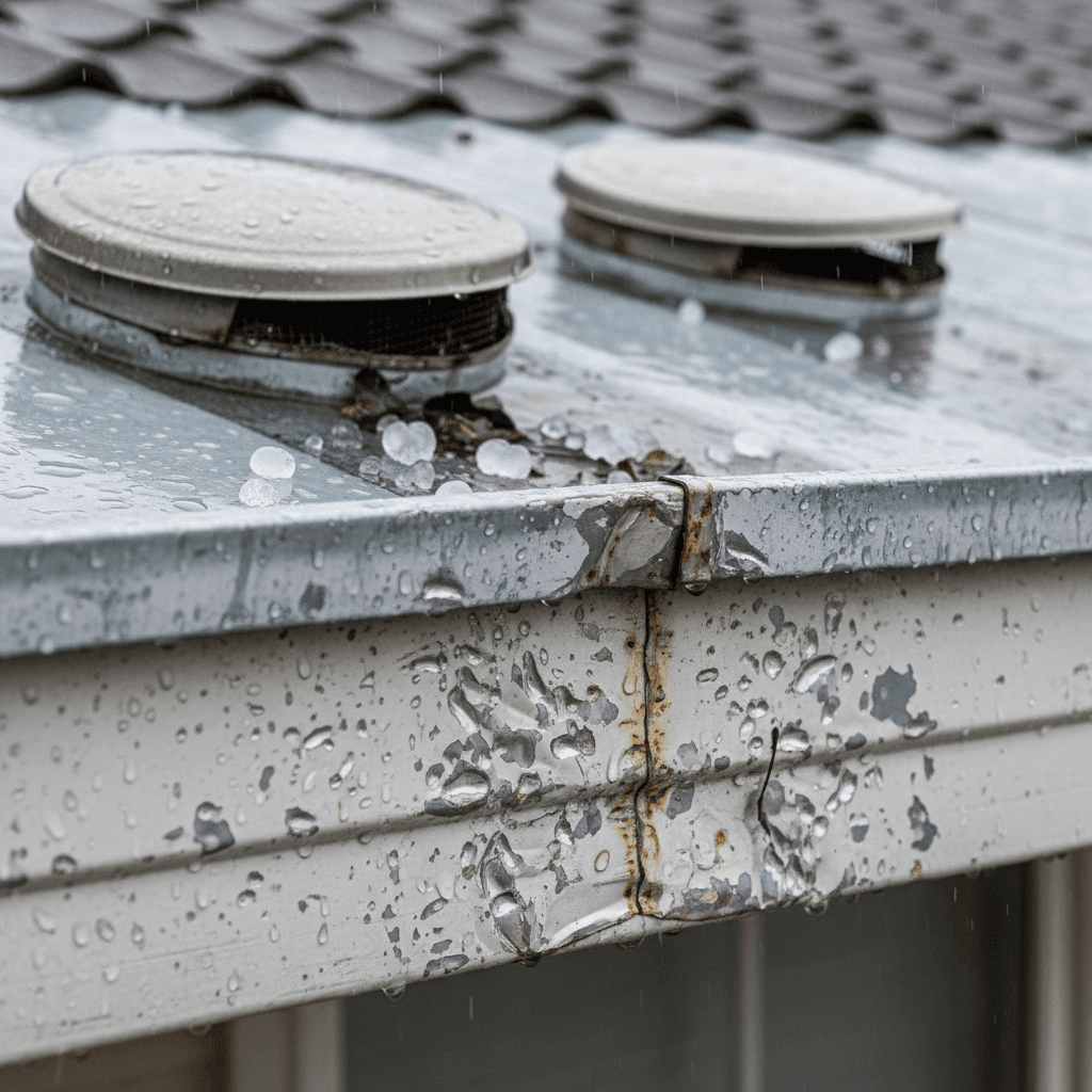 Dented metal gutter with hail impacts