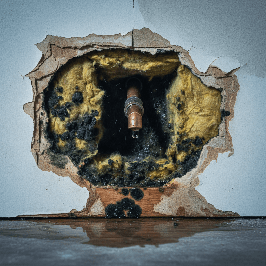 Opened wall section showing a dripping pipe joint surrounded by mold on insulation