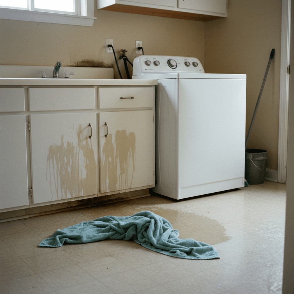 Washing machine pulled out from wall with water stains on nearby cabinets