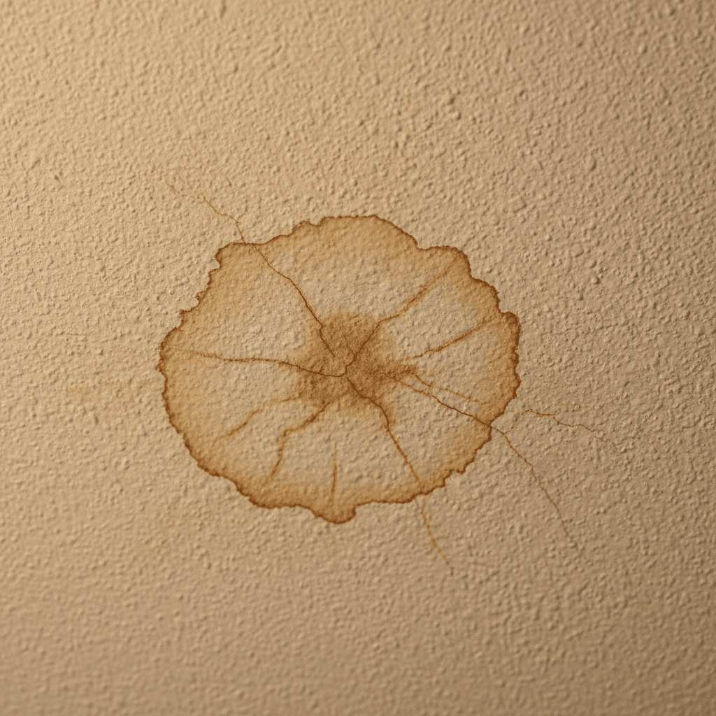 Brown water stain spreading across a textured indoor ceiling