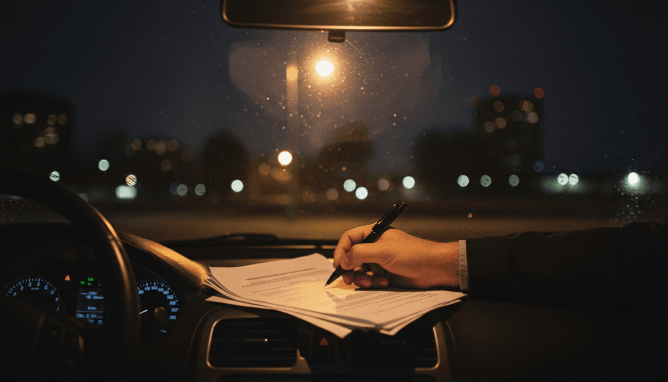 Mobile notary signing documents at night