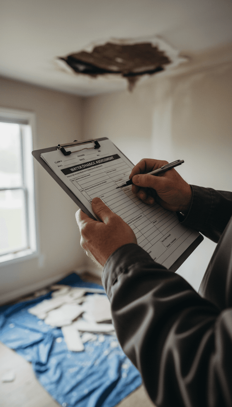 Adjuster reviewing water damage claim documents at a home