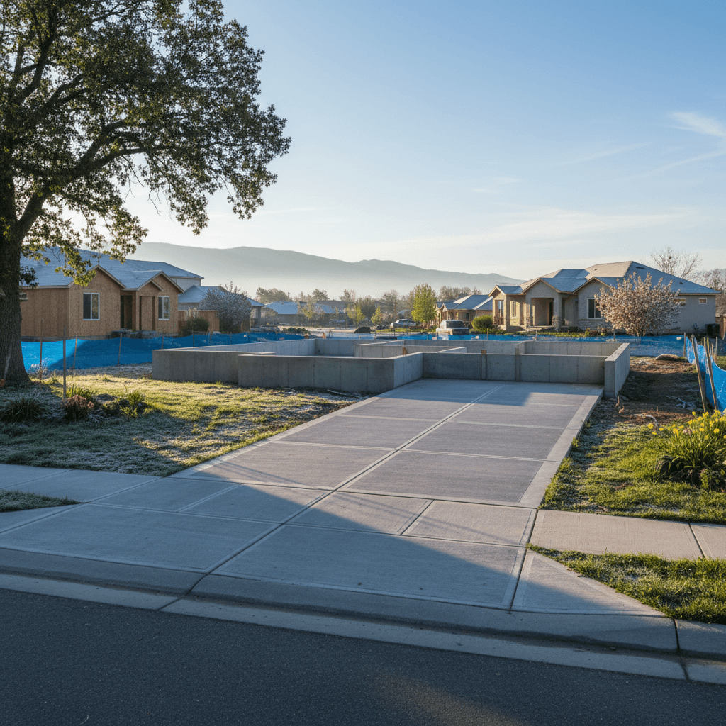 Concrete home foundation and driveway with frost patches during spring thaw in Utah