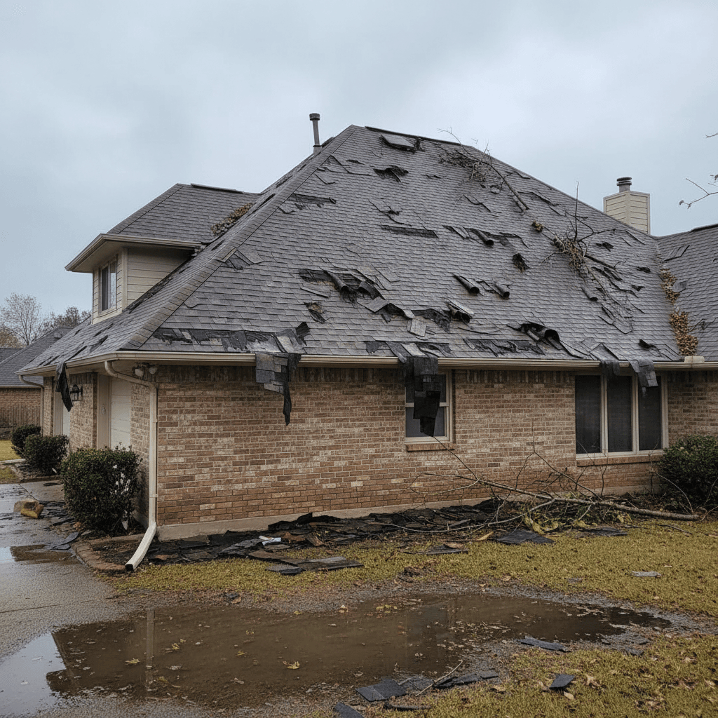 Wind-lifted shingles on a residential roof after a storm