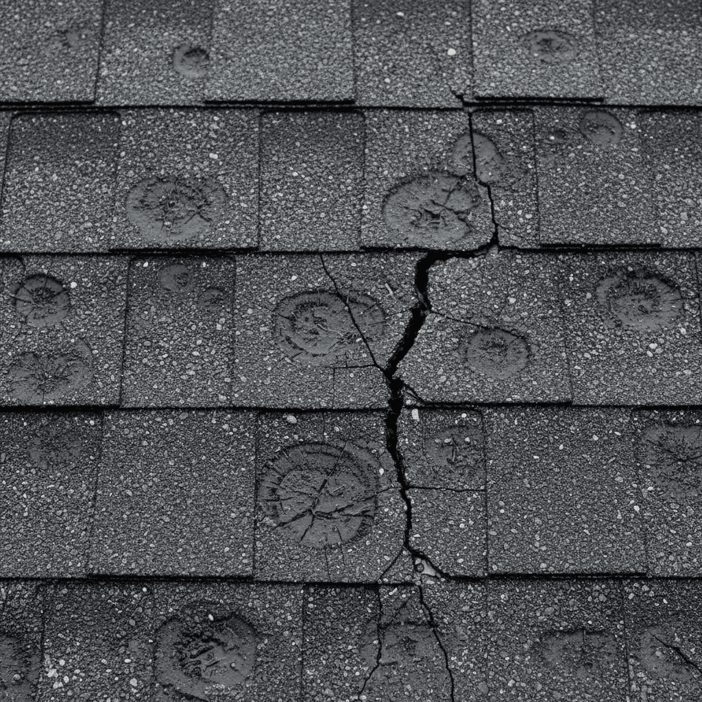 Hail-bruised asphalt shingles on a roof