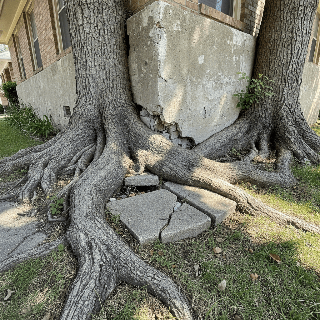 Thick tree roots growing against a home's concrete foundation