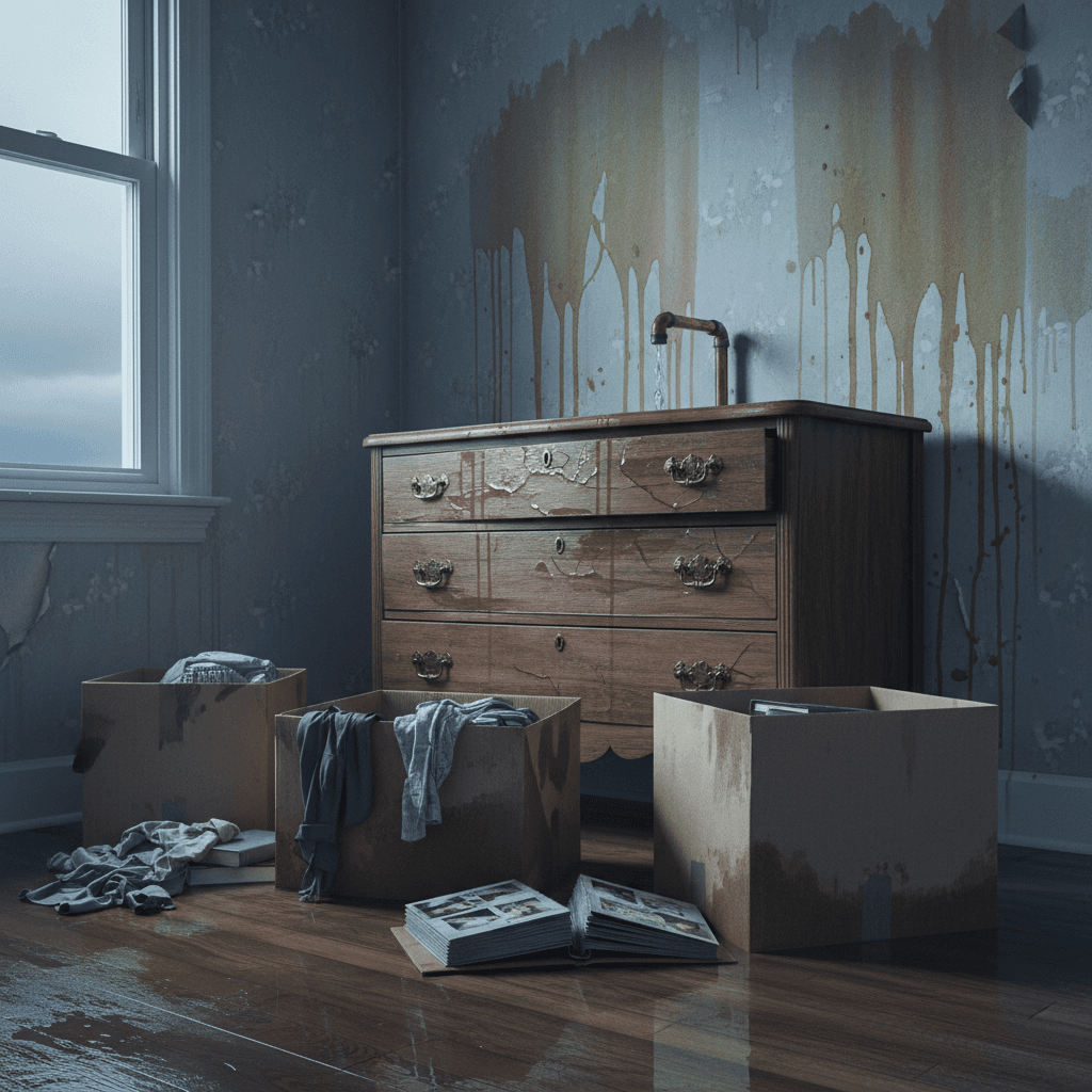 Warped dresser and damaged personal belongings after a pipe burst