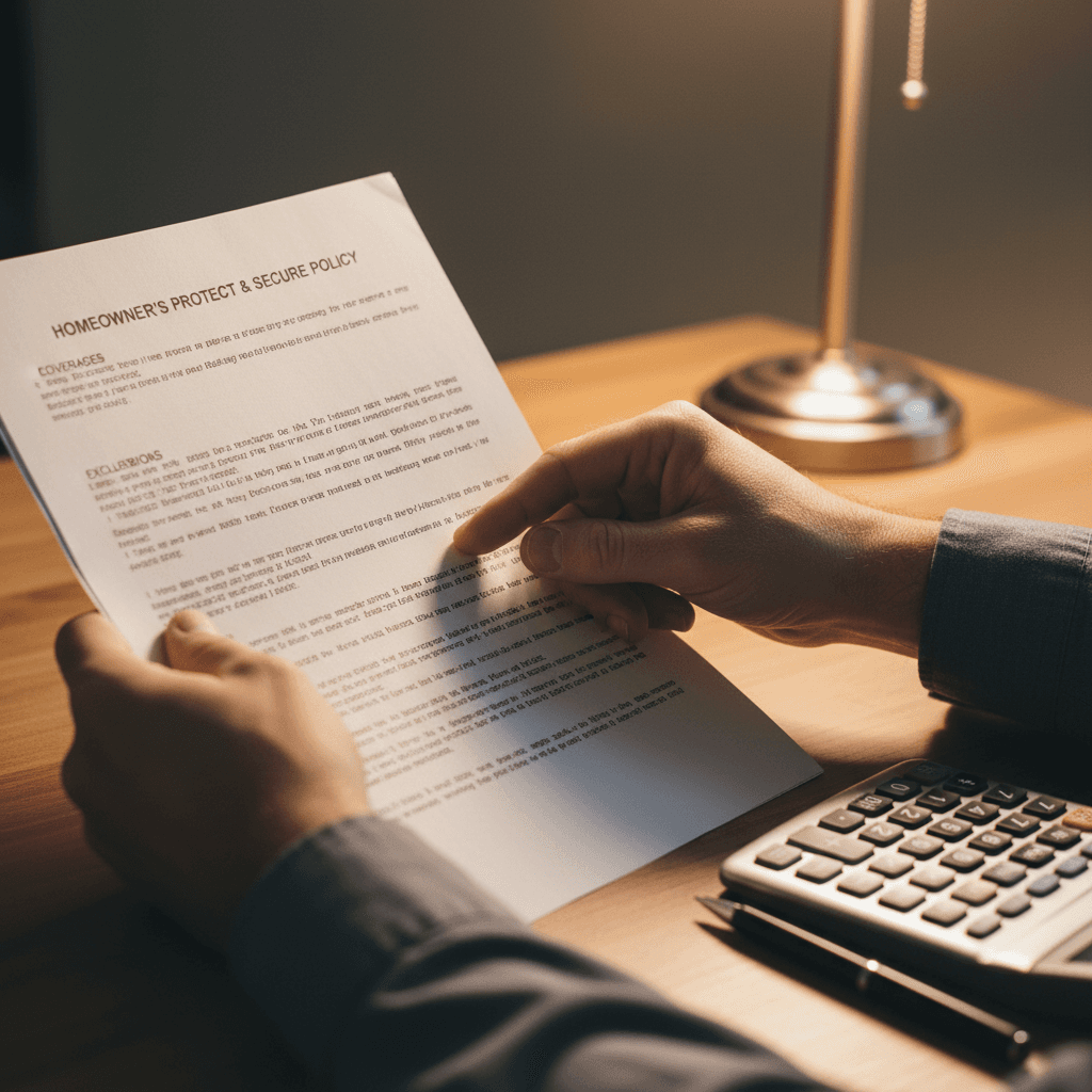 Insurance policy documents with calculator, highlighting depreciation deductions