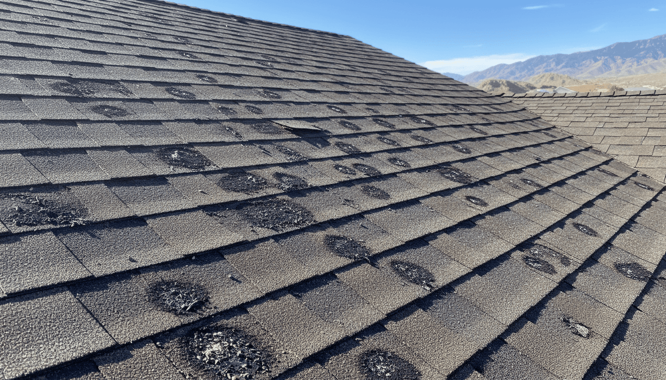 Hail damage on a residential roof showing granule loss and dents