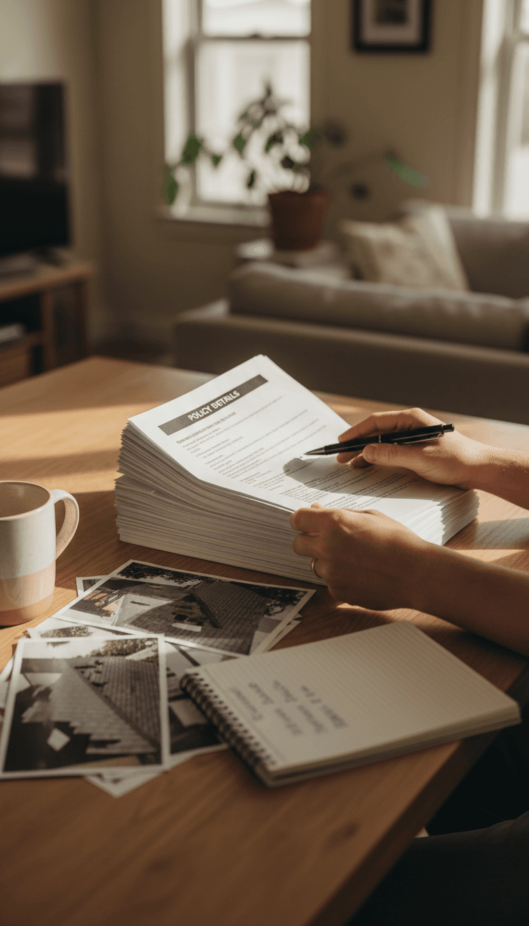 Public adjuster reviewing insurance claim documents at a table