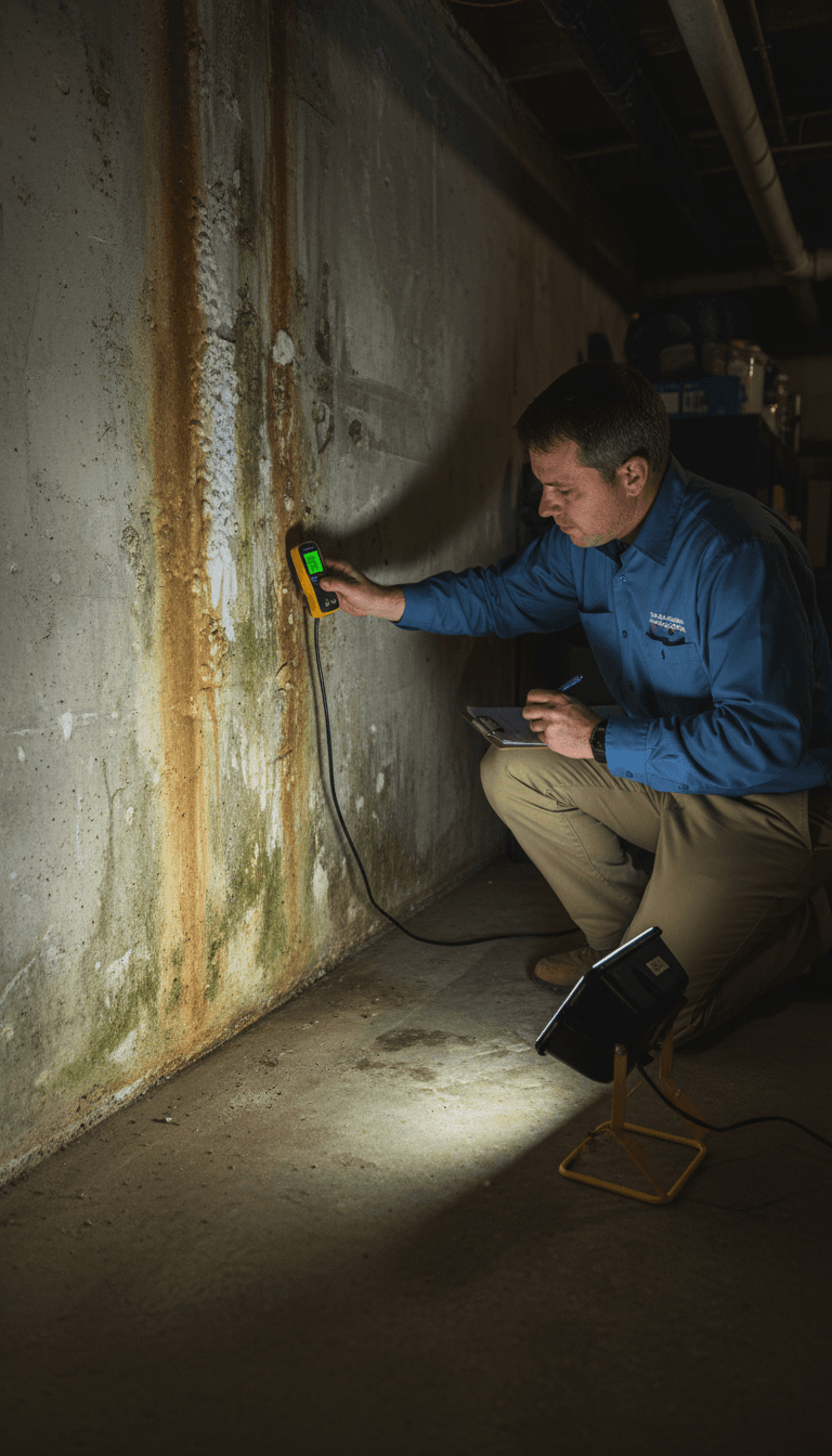 Adjuster inspecting a damp basement wall with a moisture meter during a mold claim review