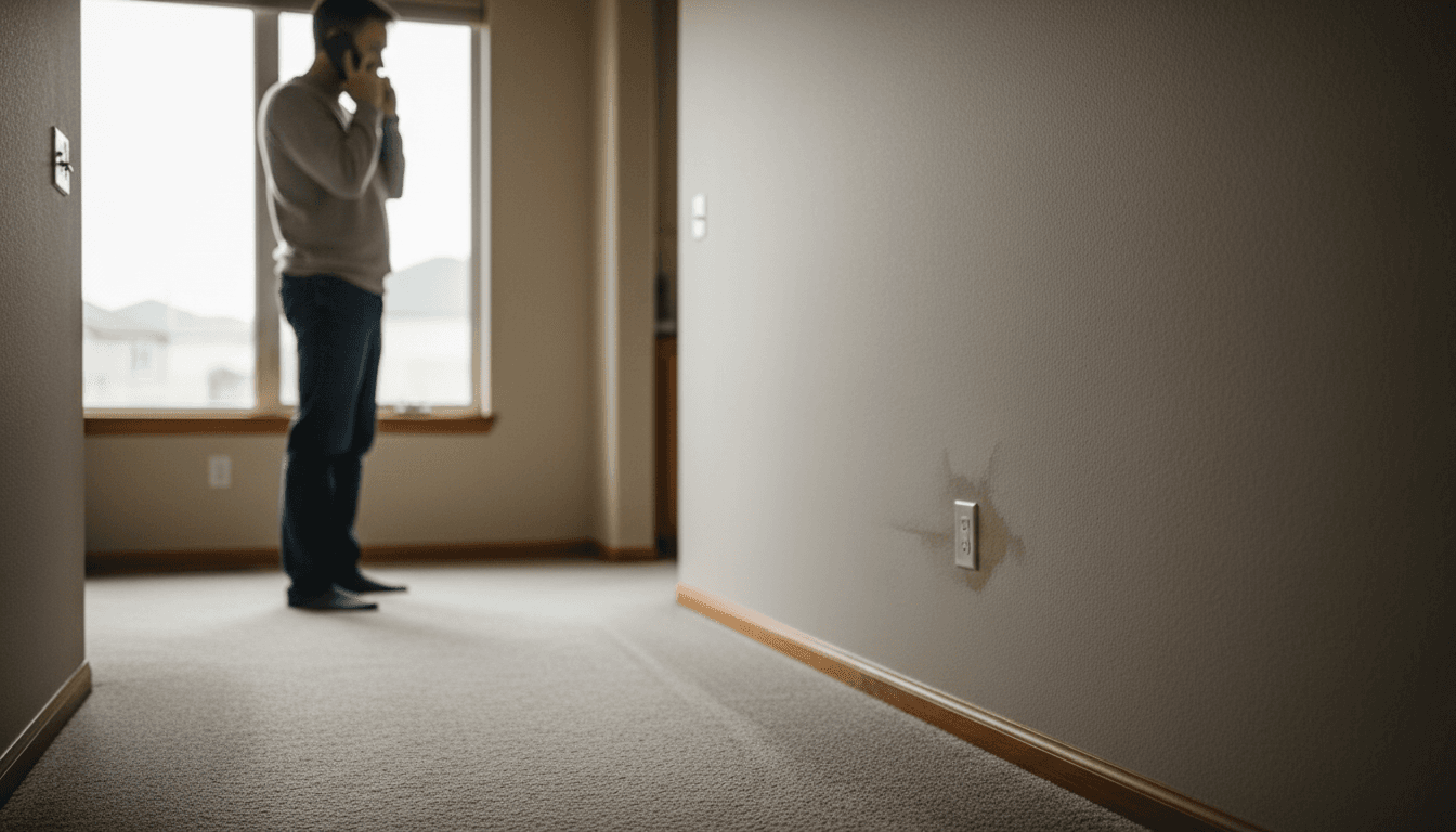 Homeowner inspecting a moisture-stained wall corner in a Utah home
