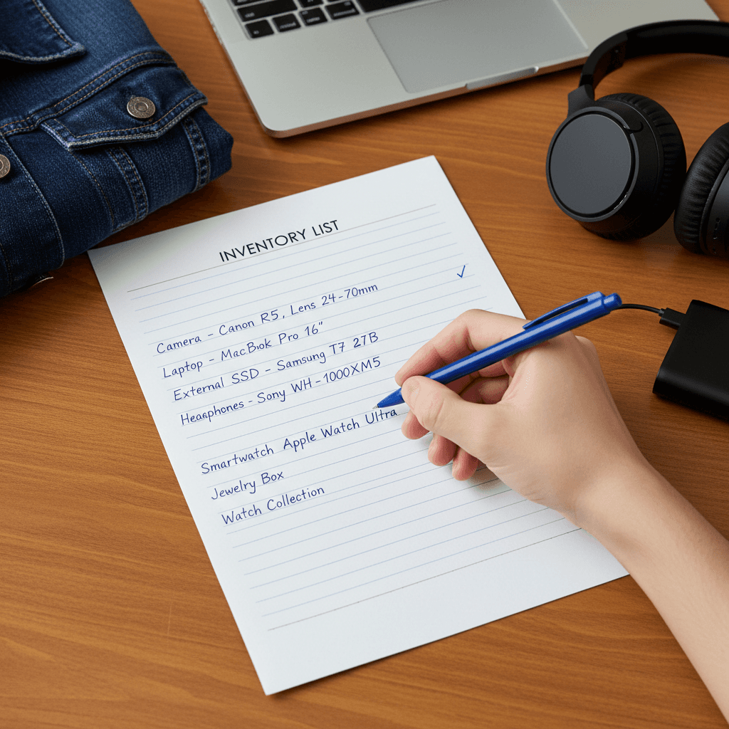 Homeowner writing a detailed list of personal belongings for an insurance claim