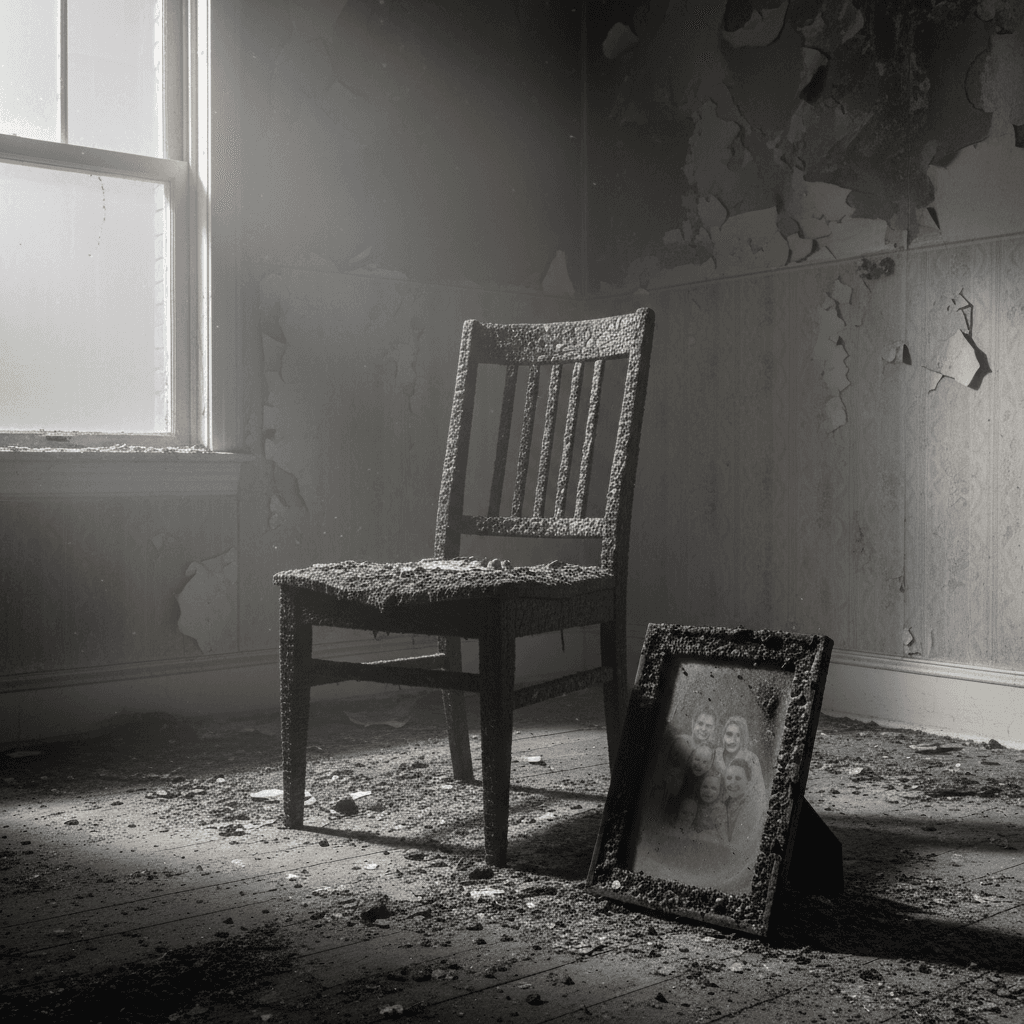 Smoke-damaged furniture and a framed photo covered in soot