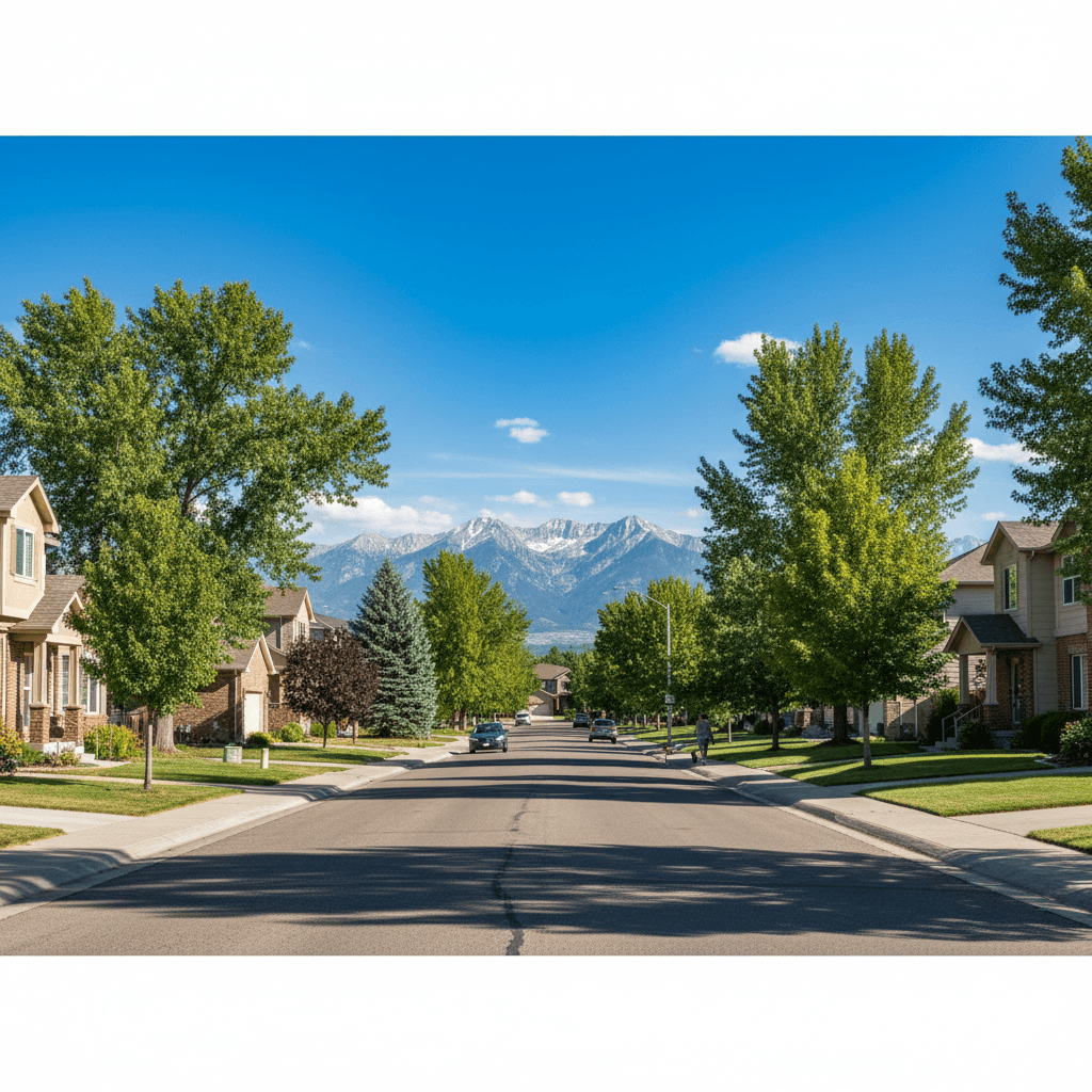 Residential neighborhood in Farmington, Utah with mature trees and clear mountain views
