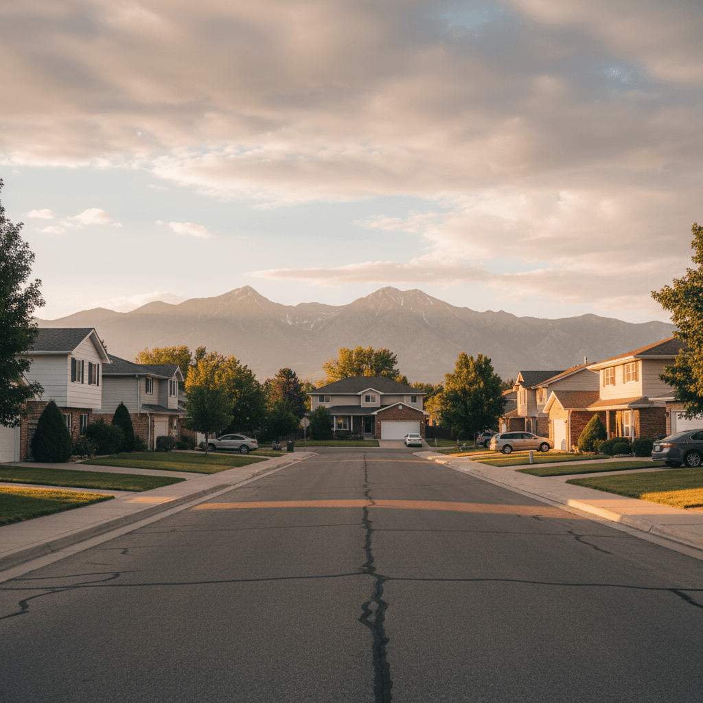Residential neighborhood street with mountains in the distance