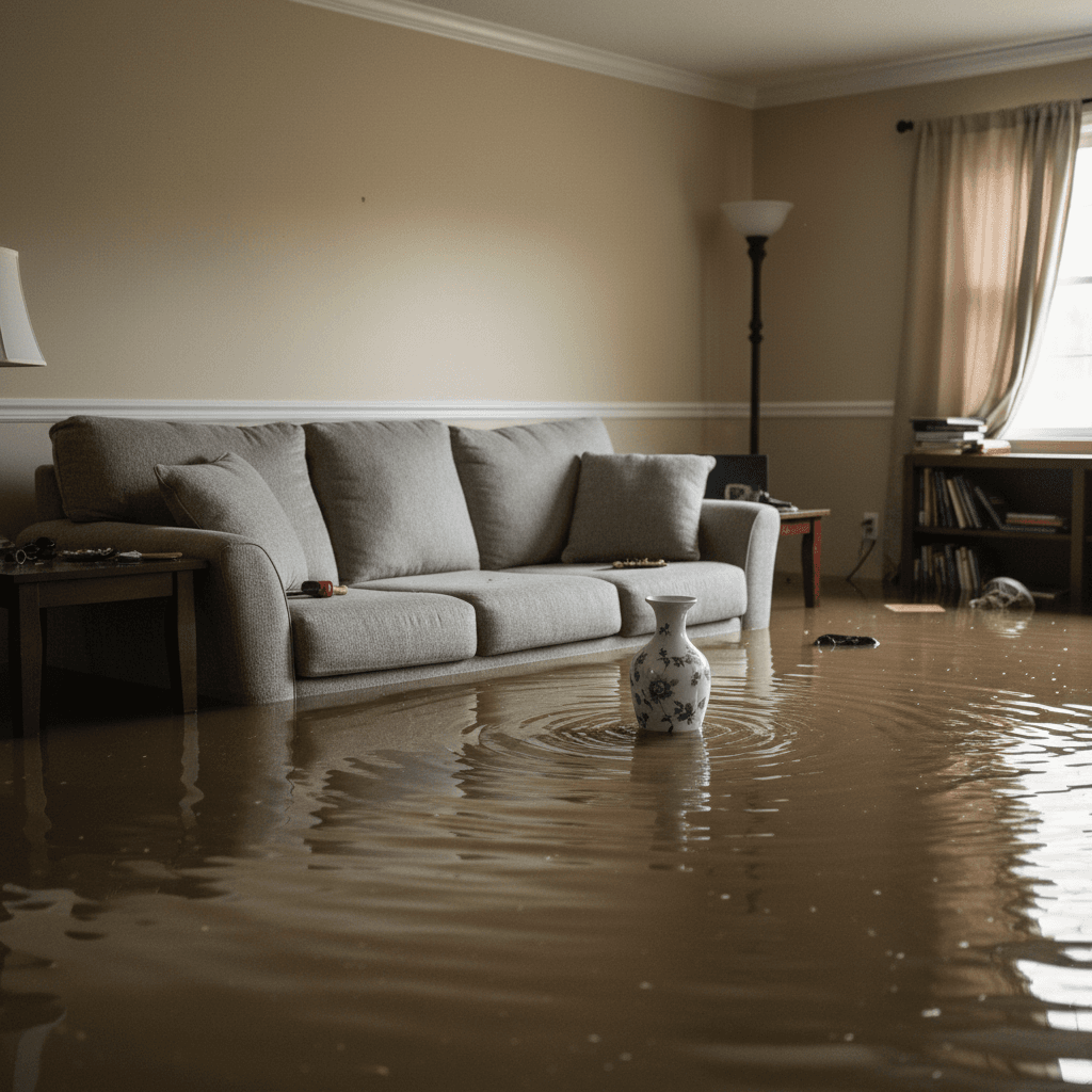 Flooded living room with furniture and belongings in standing water