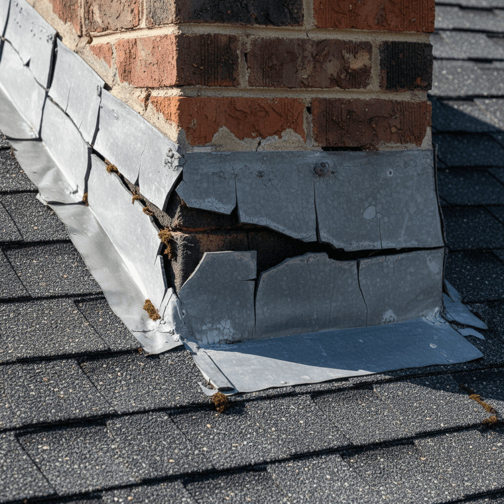 Cracked flashing around a residential chimney
