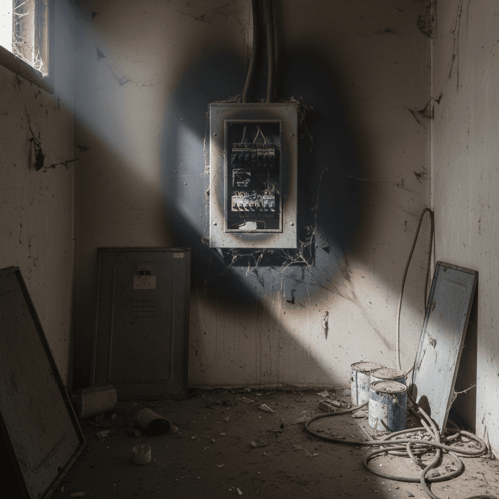 Residential electrical panel with visible scorch marks