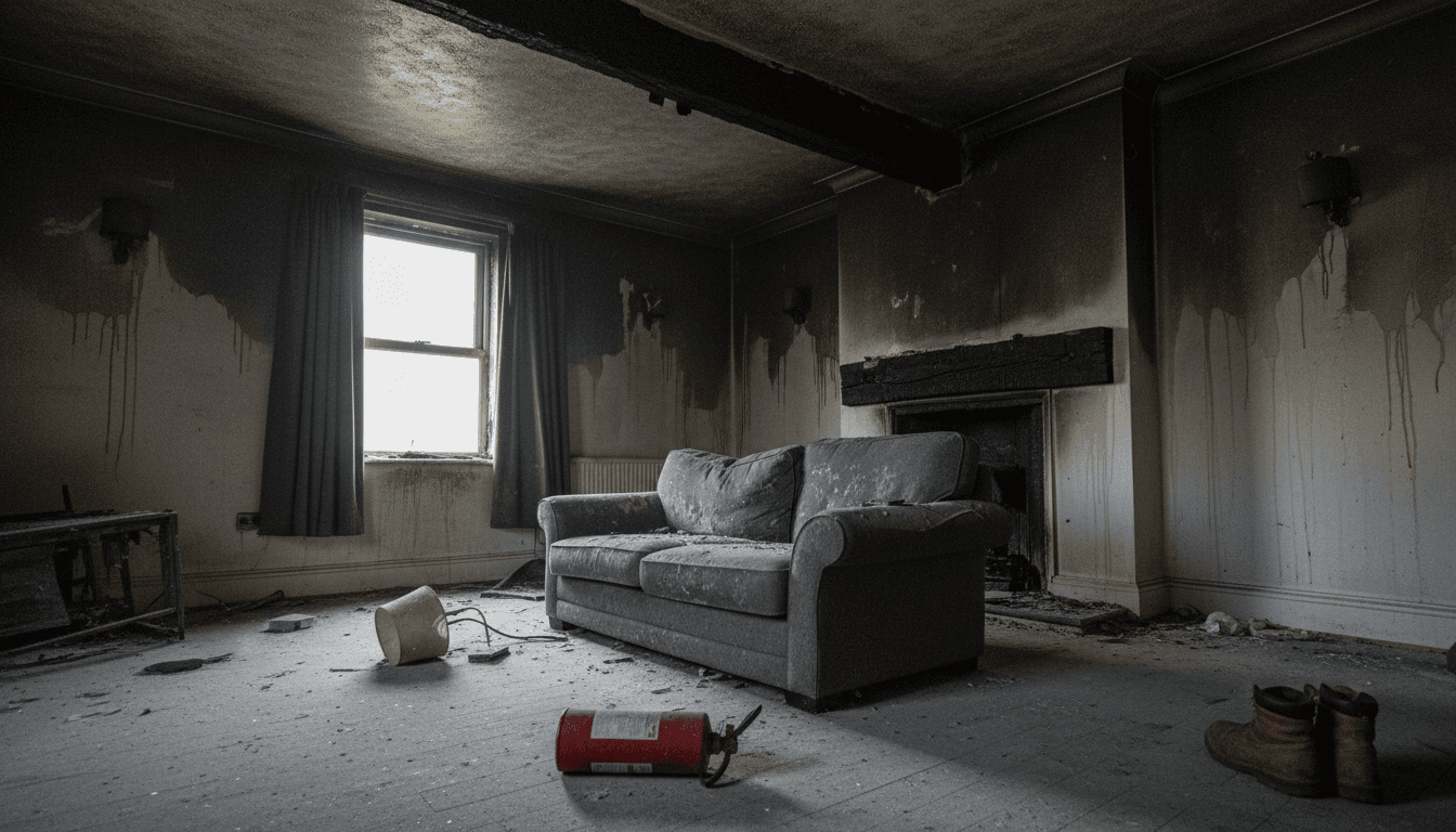Home interior with soot and smoke damage spreading across walls and ceiling