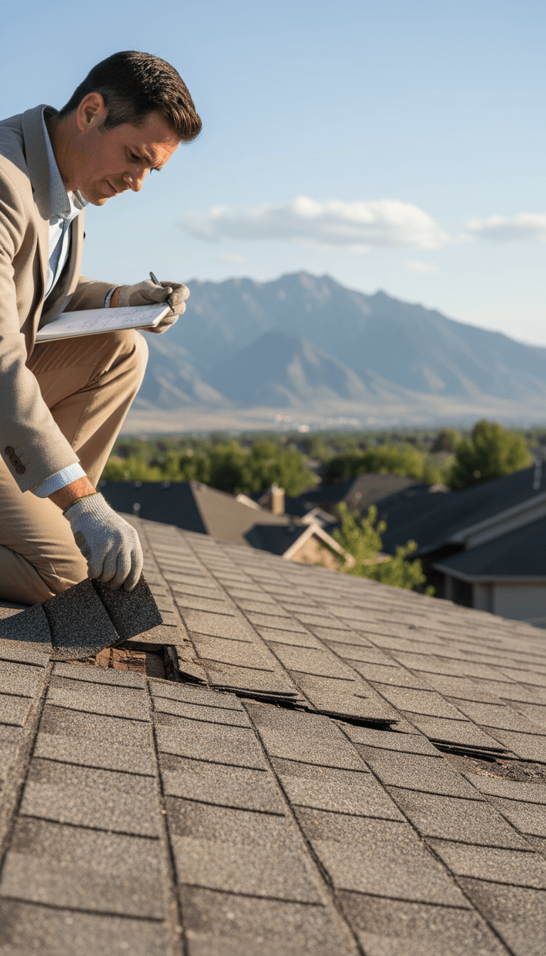 Public adjuster inspecting roof shingles on a home in Ogden, Utah