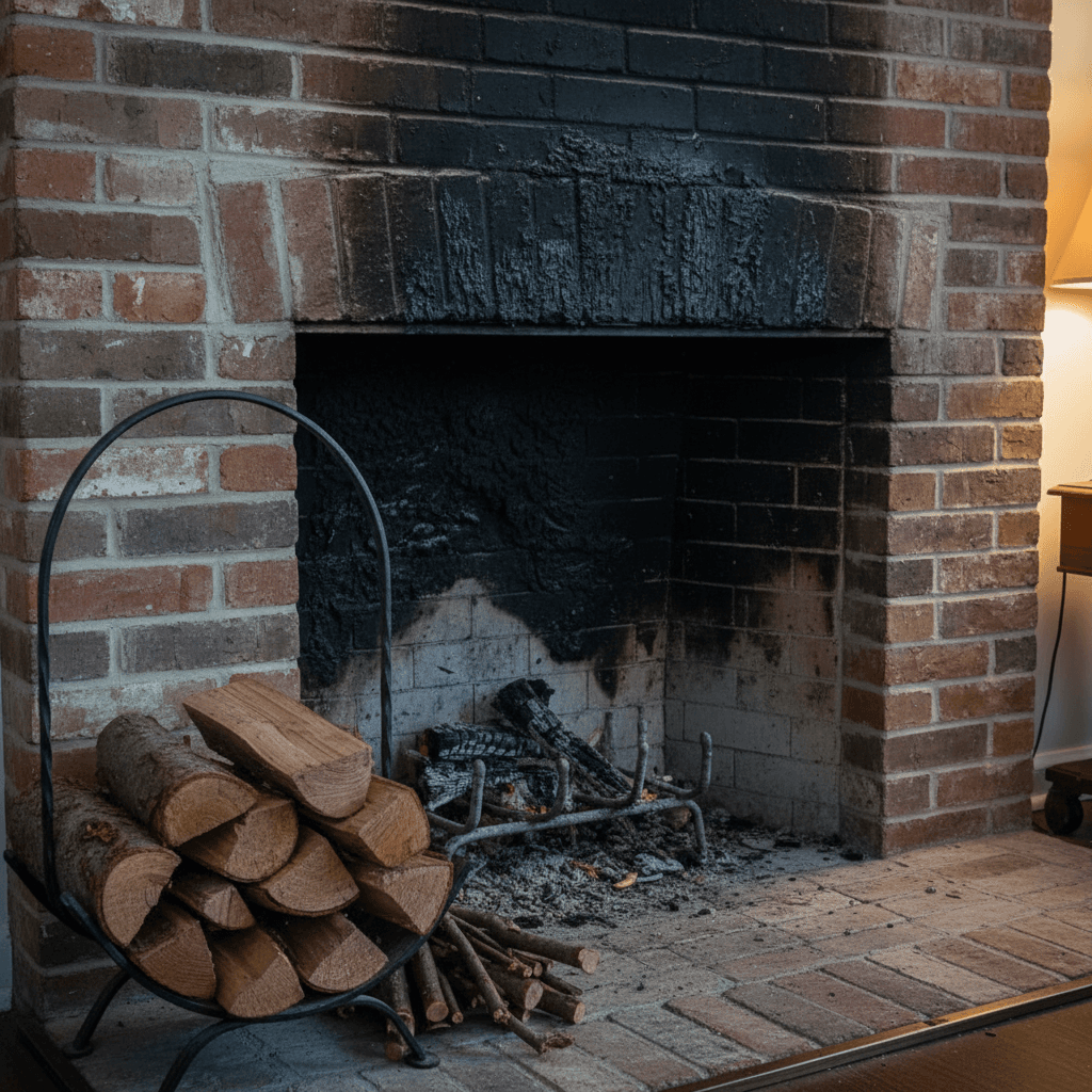 Fireplace with sooty interior and creosote buildup