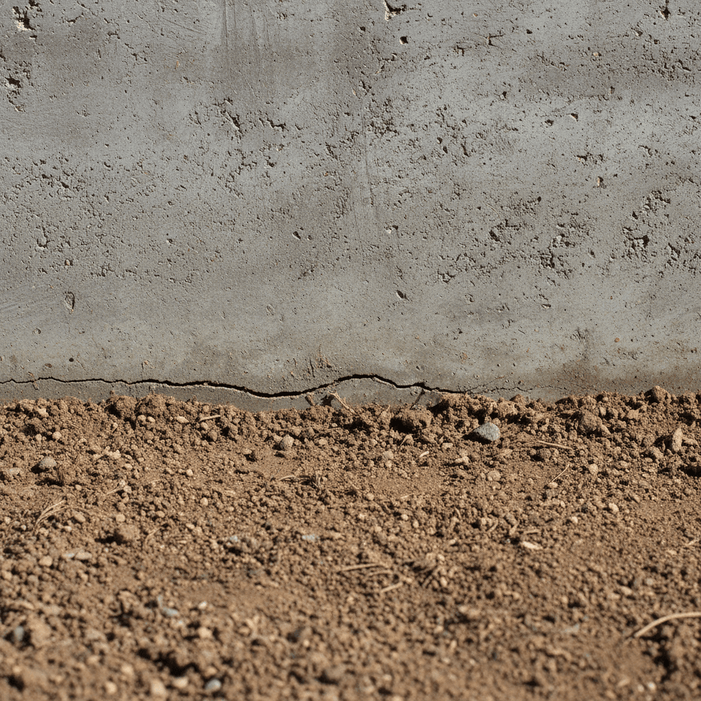 Home foundation meeting compacted soil with a visible uneven settlement gap