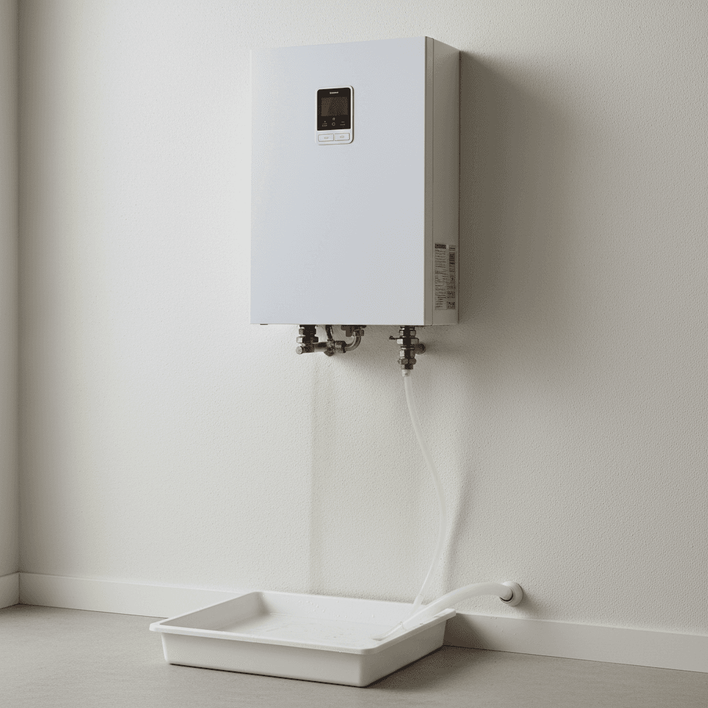 Wall-mounted water heater with moisture stain on drywall beneath it