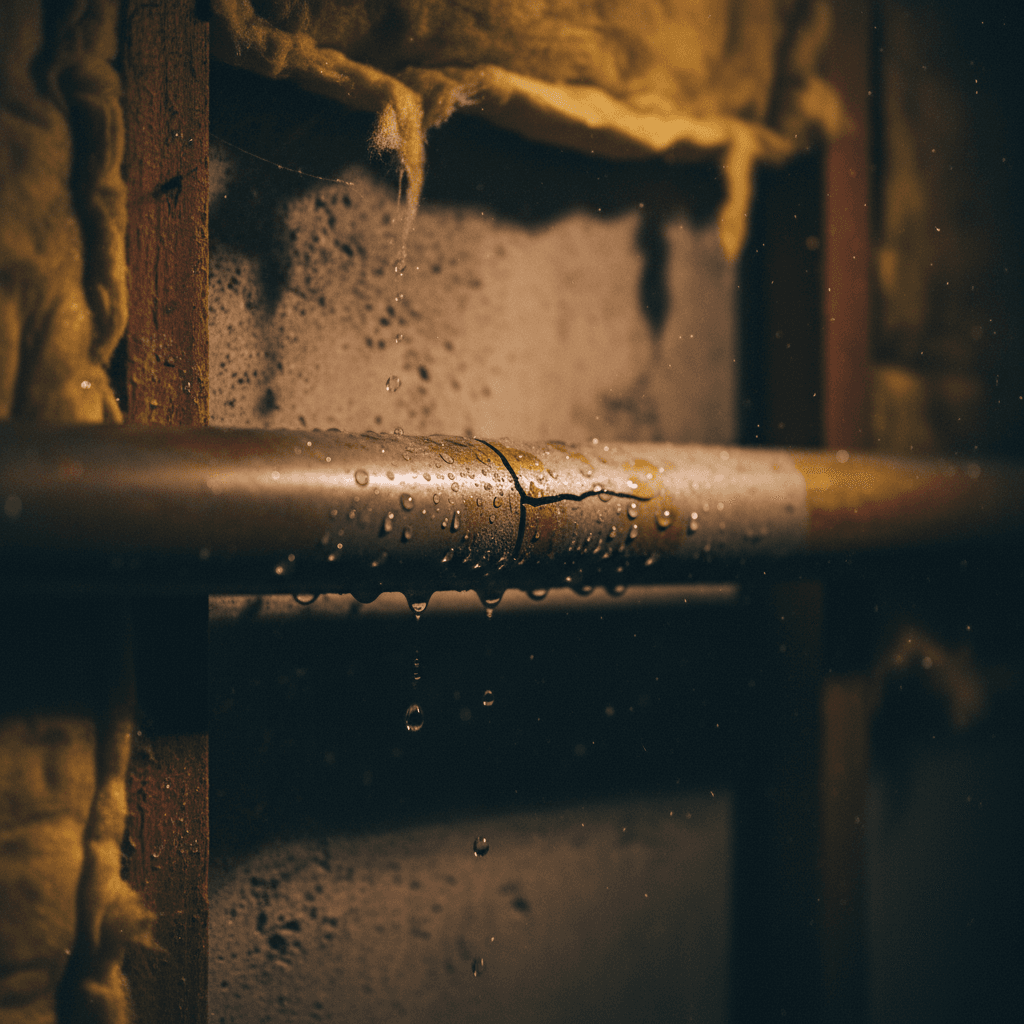 Cracked copper pipe with water droplets in a dim basement