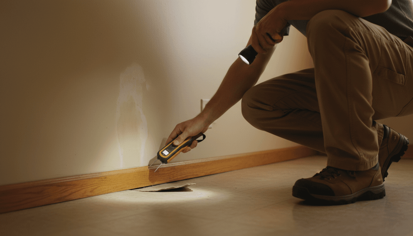 Licensed public adjuster inspecting baseboards with moisture meter after water damage in a Utah home