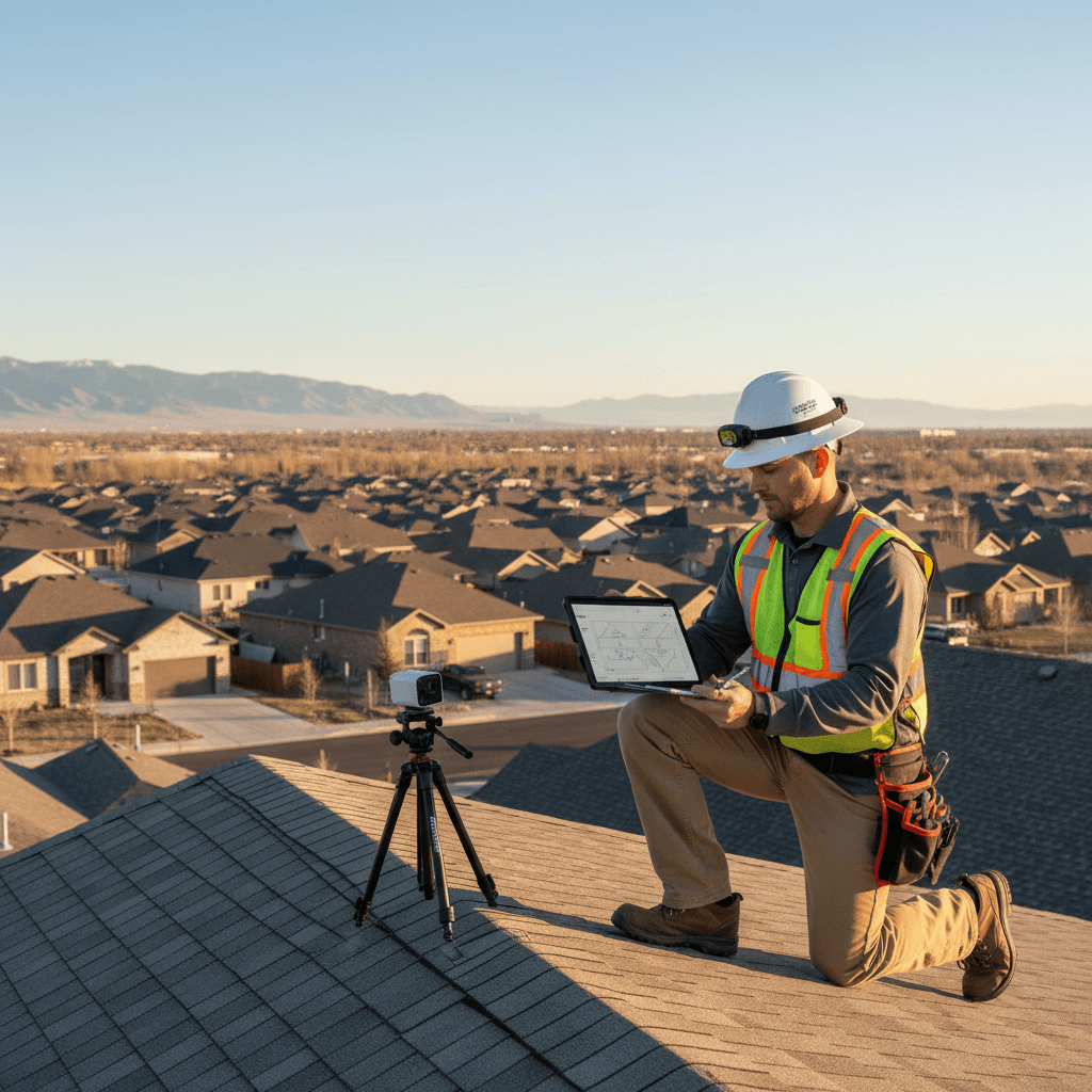 Adjuster on a Clearfield home roof documenting damage with a tablet