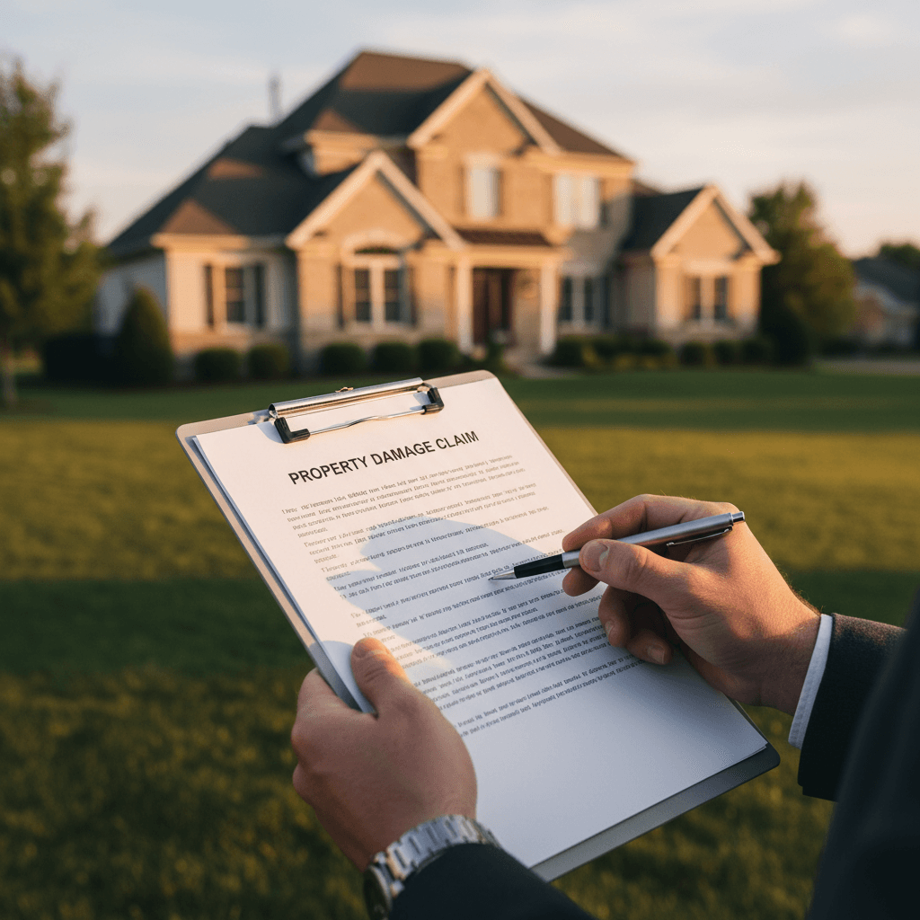 Close-up of an adjuster's hands reviewing property damage claim documents outside a Kaysville home