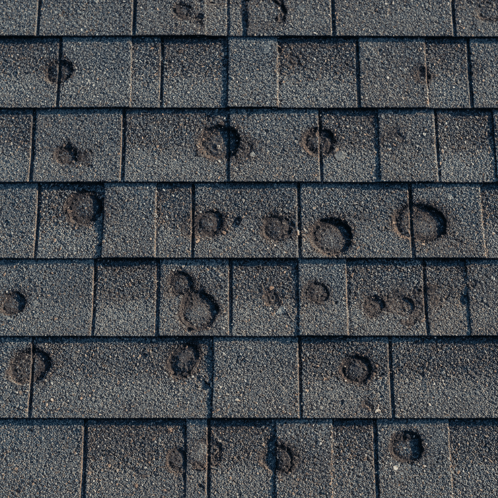 Dark impact marks scattered across asphalt roof shingles after hail
