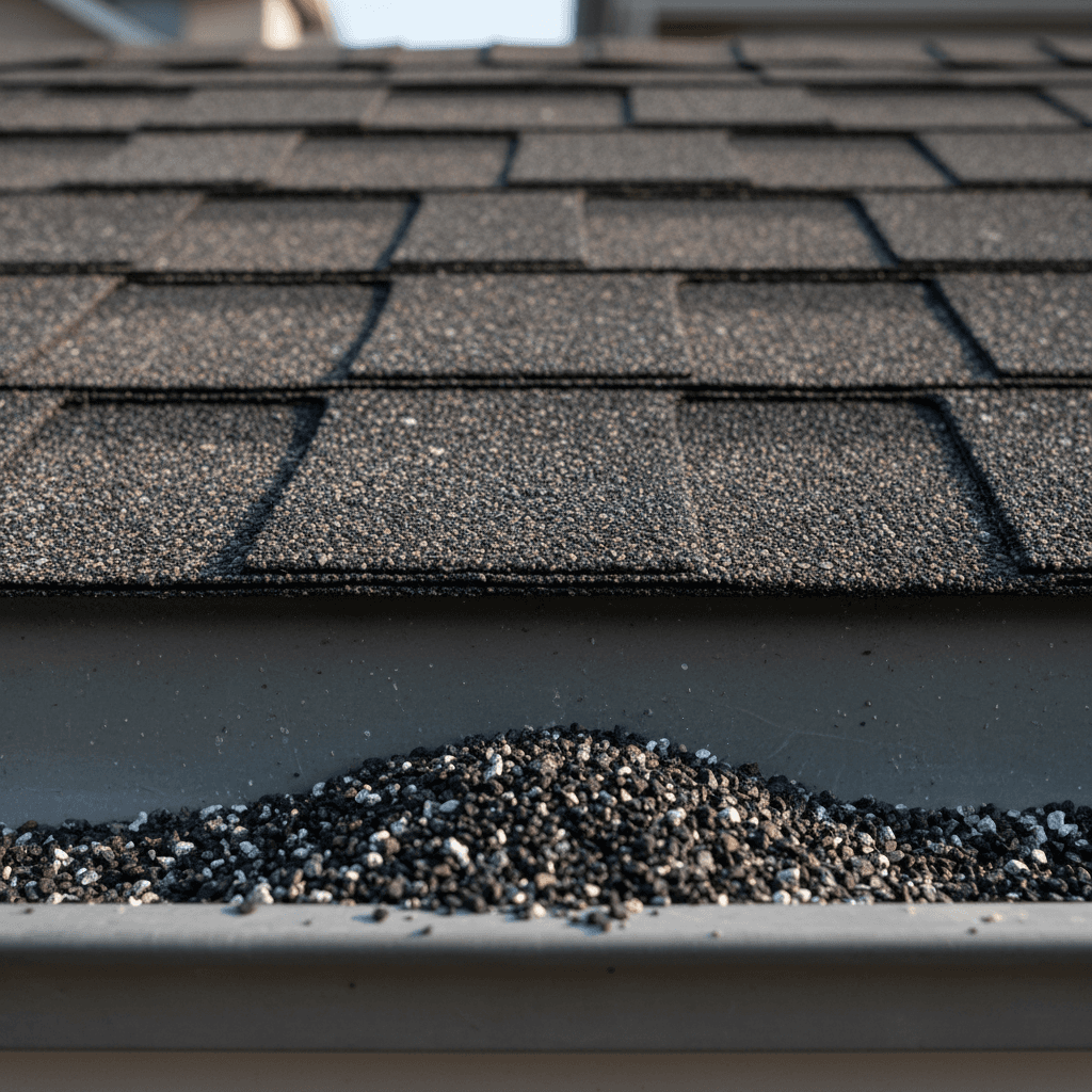 Asphalt shingle granules collected in a home's rain gutter