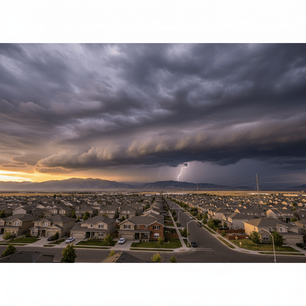 Storm clouds gathering over a residential subdivision in West Point, Utah