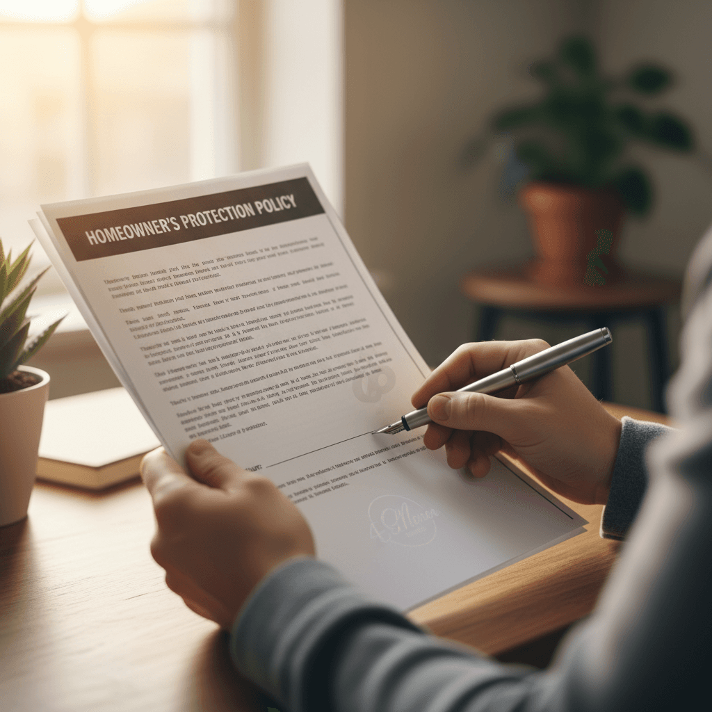 Homeowner's hands holding and reviewing an insurance policy document in a Clinton home