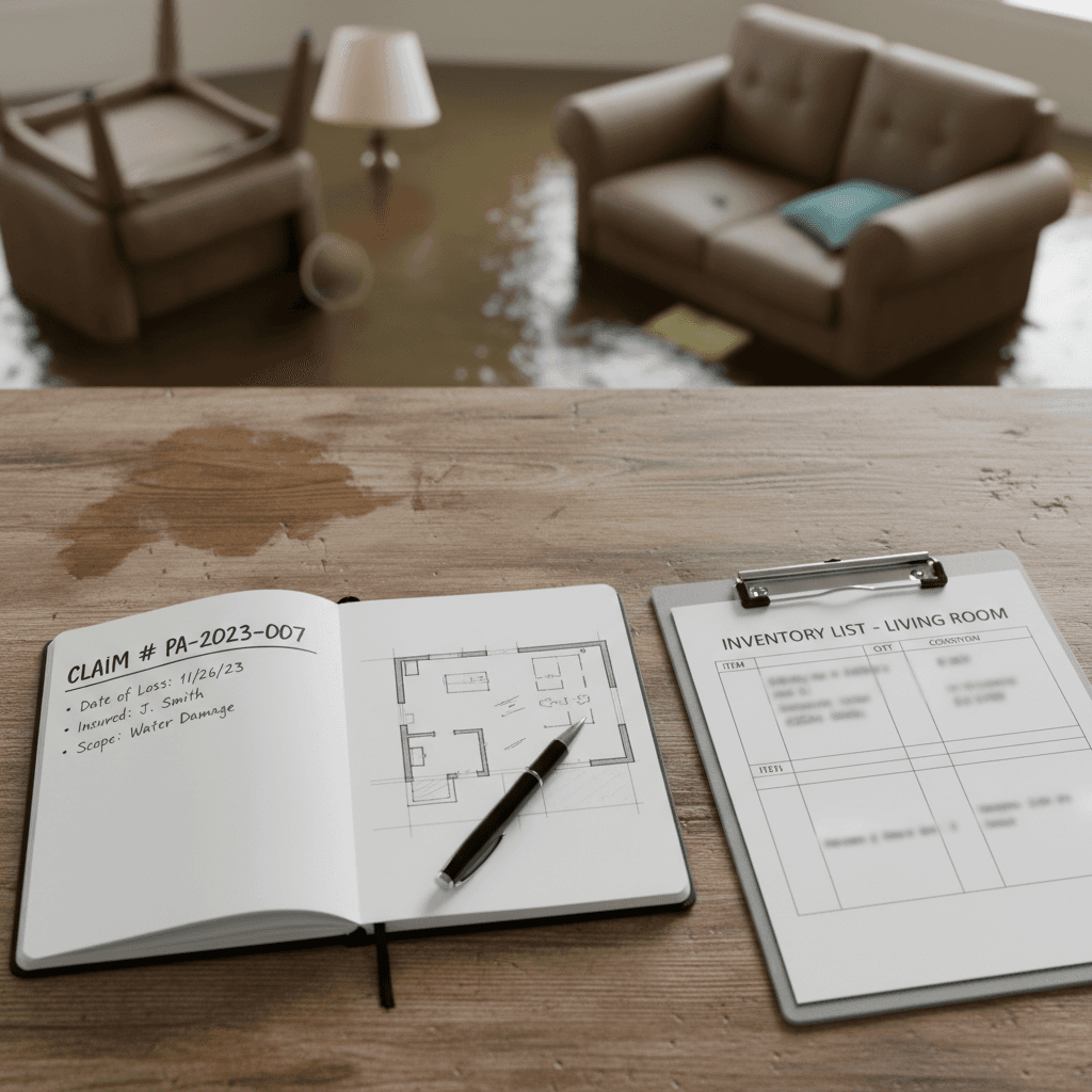 Public adjuster reviewing an inventory list on a clipboard in a damaged room