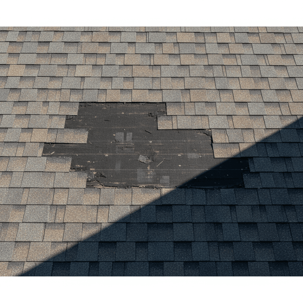 Exposed underlayment where shingle tabs have blown off a roof