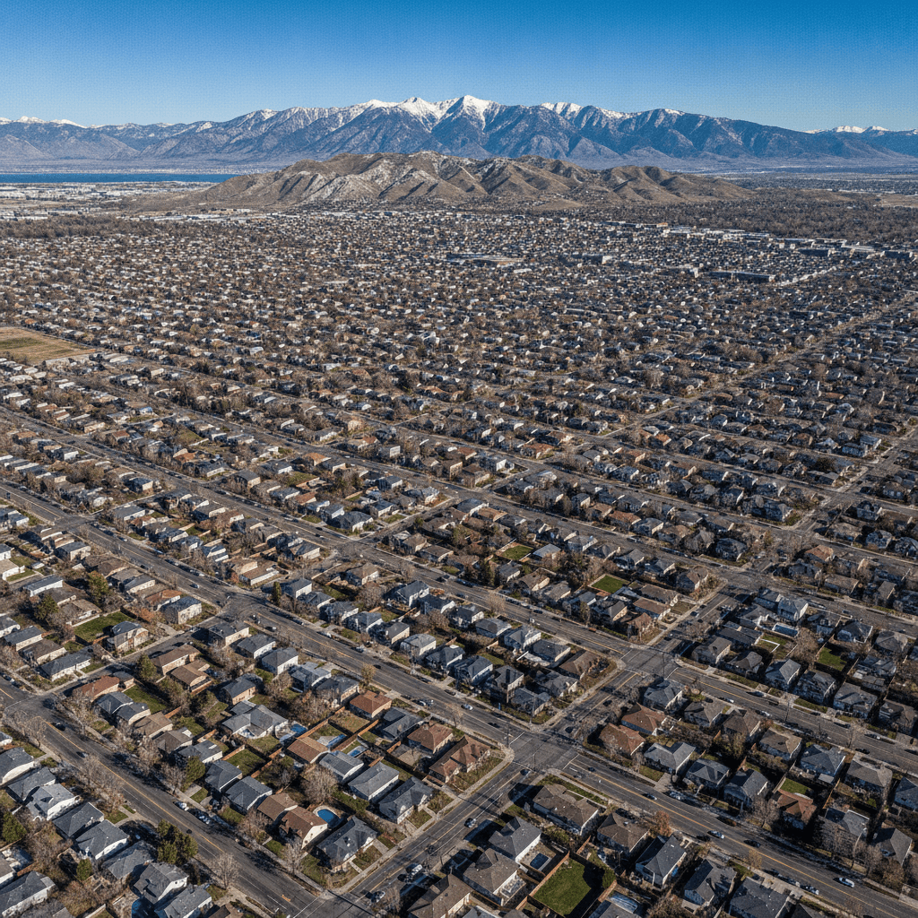 Residential rooftops in Salt Lake City with mountain backdrop