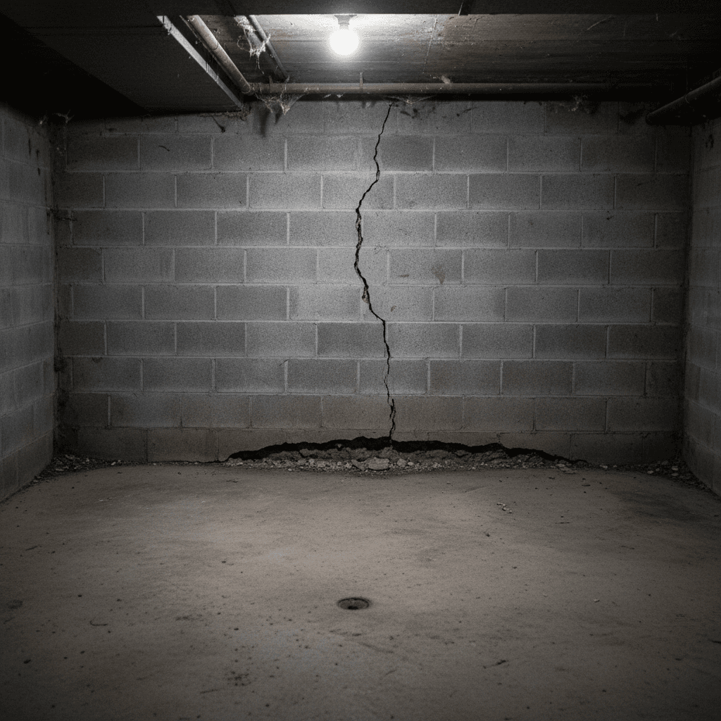 Interior basement concrete wall with a horizontal crack near the floor